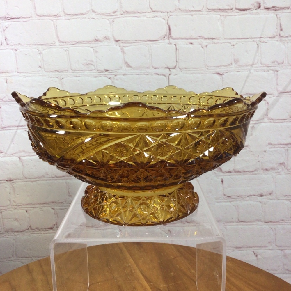 Vintage LG Wright Daisy and Buttons Amber Glass Pedestal Bowl
